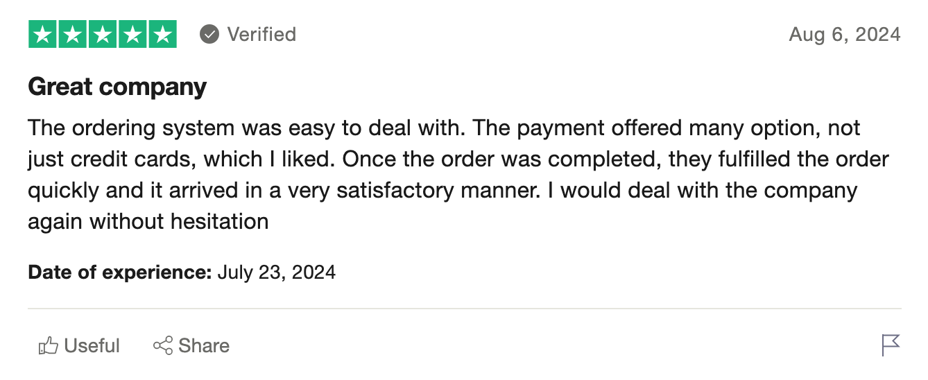 An example of a positive review that can be used in customer satisfaction measurement. 