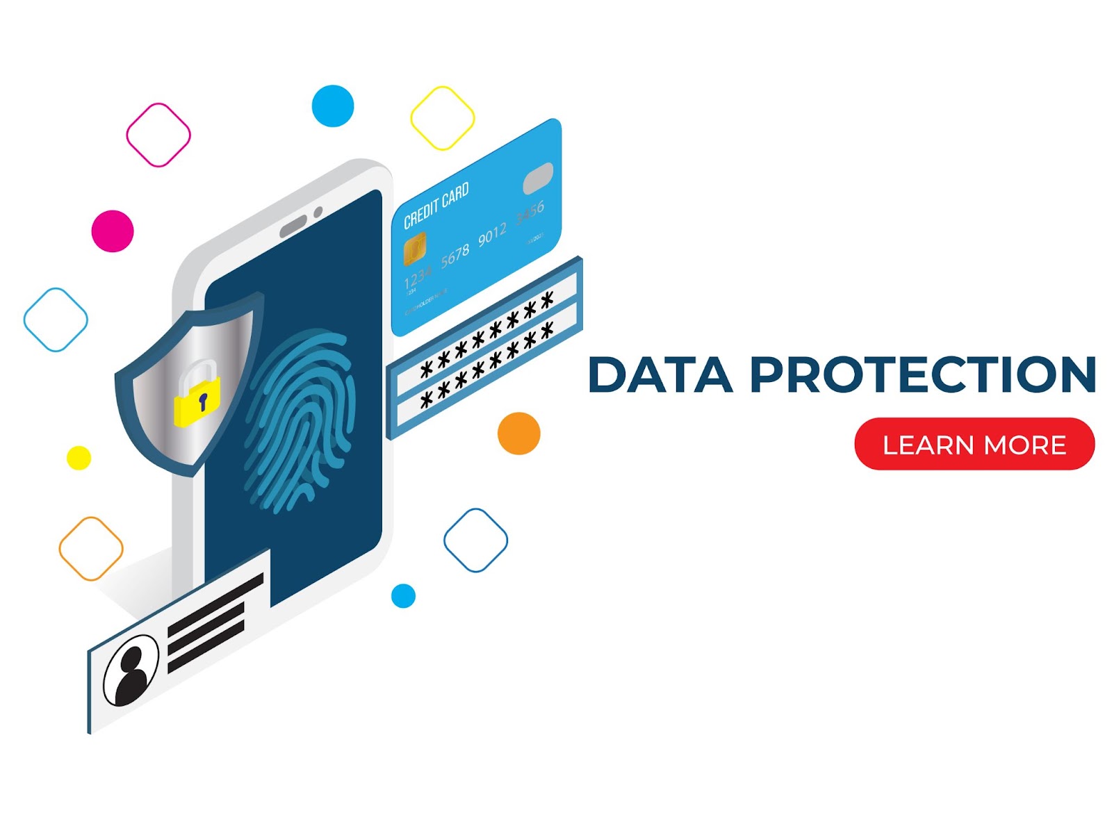 An isometric illustration depicting data protection with a focus on credit card security and software safeguarding confidential information.