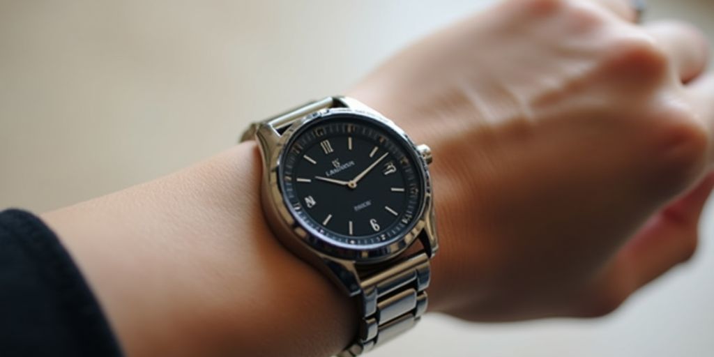 Close-up of a stylish wristwatch on a hand.