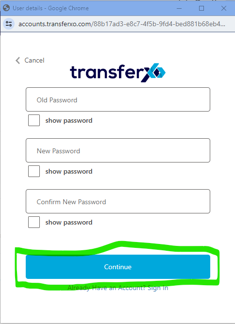 how to change your password on TransferXO 