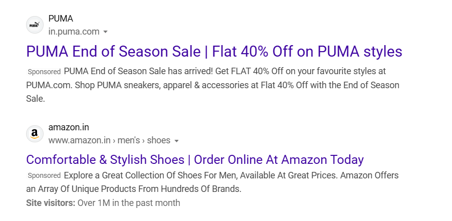 Image showing a Bing search ad for Puma promoting 40% off on shoes