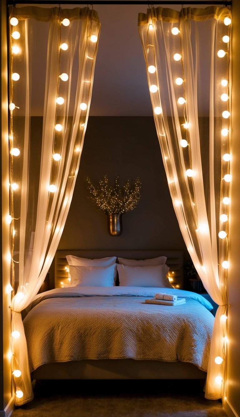 A cozy bedroom with fairy light curtains creating a warm and inviting atmosphere