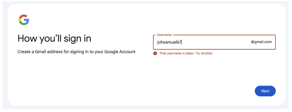 username already taken issue in Gmail