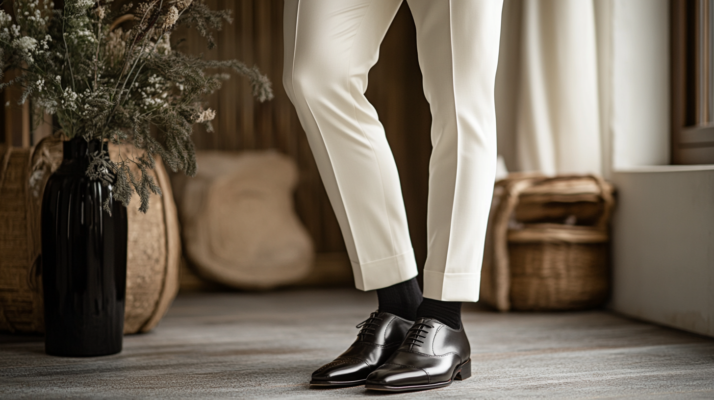 
A man in a crisp white suit paired with sharp black Oxfords, creating a sophisticated and polished look. The black Oxfords provide a sleek, formal contrast to the white suit, making this combination ideal for weddings, formal dinners, or evening events. The groom or guest stands confidently in a refined setting, exuding elegance and modern style. The clean lines of the white suit are complemented perfectly by the polished black shoes, offering a timeless, sharp look for any formal occasion.