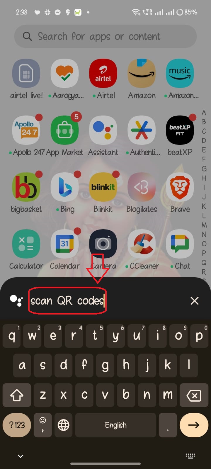 A smartphone screen with the search bar searching for scan QR codes