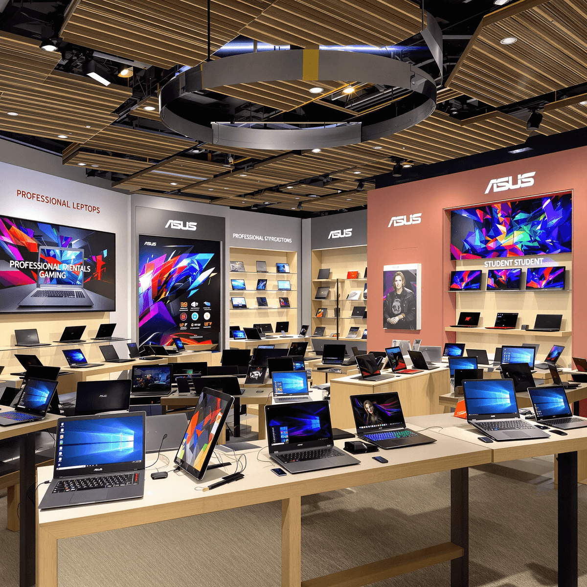 A modern Asus store interior featuring organized sections for gaming, professional, and student laptops, with bright lighting and sleek designs showcasing innovation in technology.