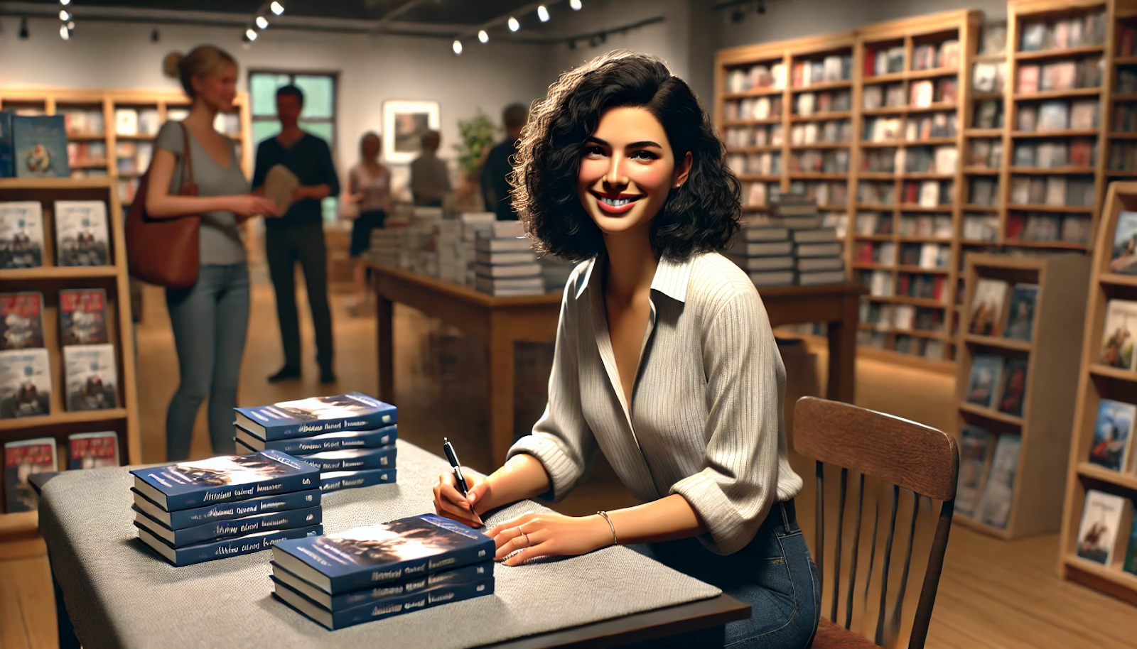 A smiling woman signs books at a bookstore event, surrounded by stacks of her book.