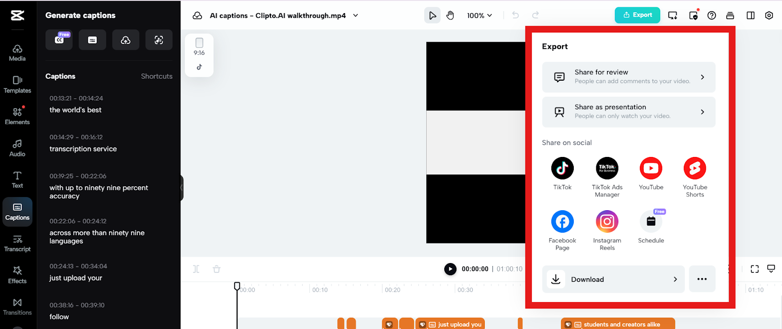 CapCut export panel showing options to share videos to TikTok, YouTube, Instagram Reels, and download locally.