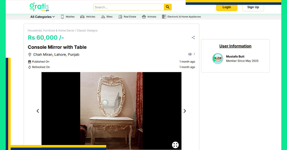 Want to avoid rushing from one store to another? Visit GratisAds.pk, the top free classifieds website in Pakistan, to buy and sell a variety of home furnishings, including vanity tables, in a range of designs and price ranges. There are countless possibilities to suit your style and space, whether you're searching for lightly worn treasures or brand-new items.
