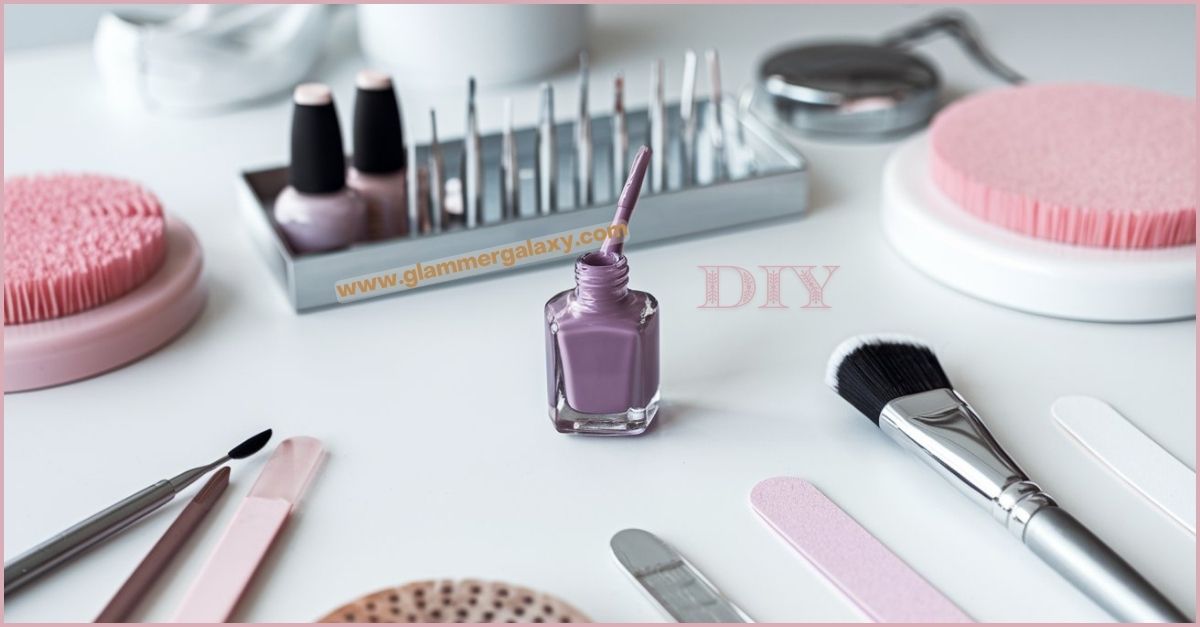 A purple nail polish bottle surrounded by nail care tools and accessories on a white surface.