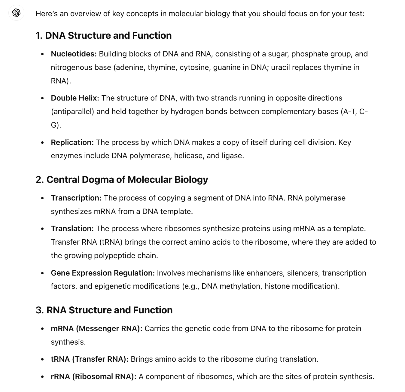 ChatGPT’s response to being asked for study help on key concepts in molecular biology. 