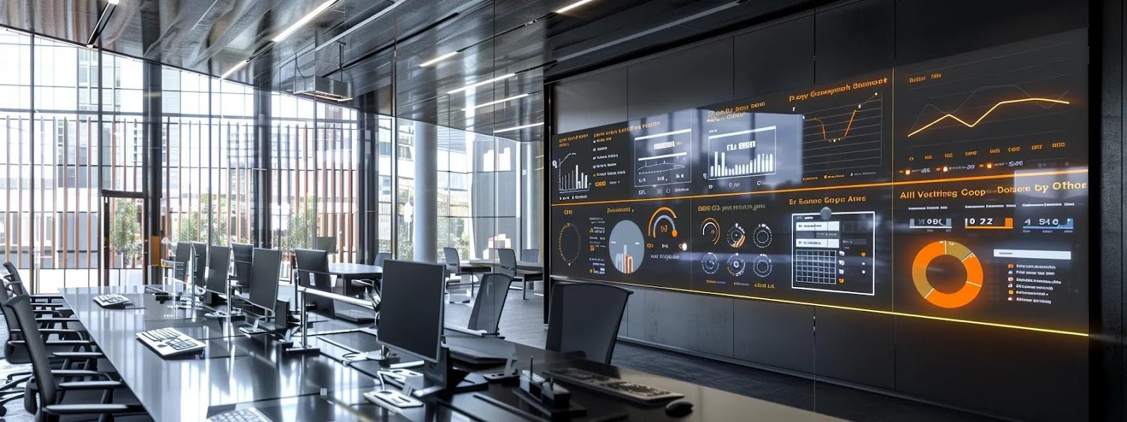 a modern office space showcases a high-tech dashboard brimming with detailed graphs and analytics, highlighting keyword performance and site health metrics on sleek digital displays, illustrating the precision of search audit configurations.