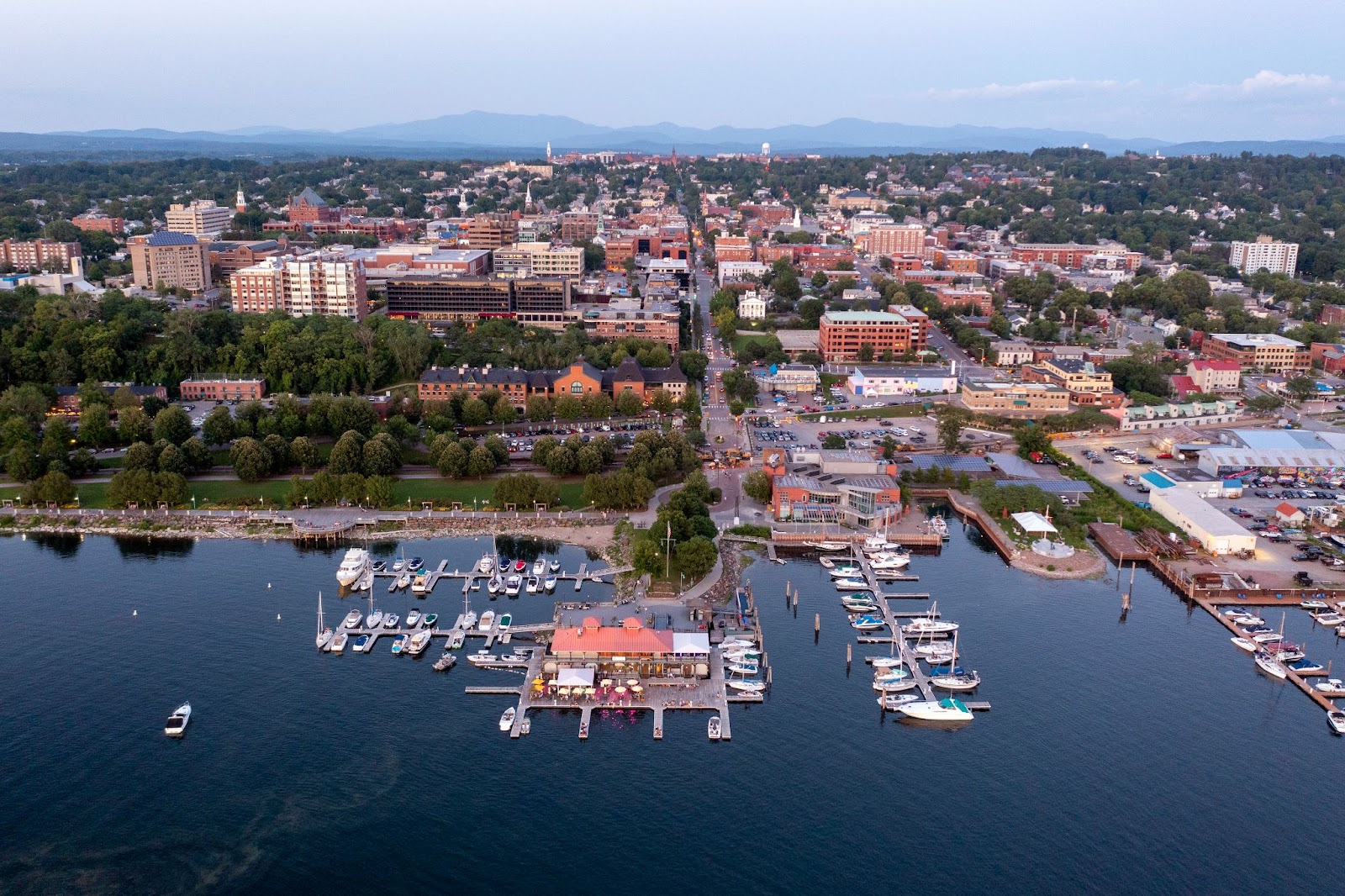 Ariel view of Burlington Water front and harbor in Burlington, Vt