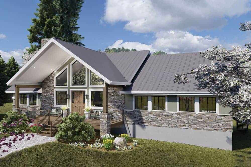 Front-right rendering of the 3-bedroom single-story mountain ranch home.