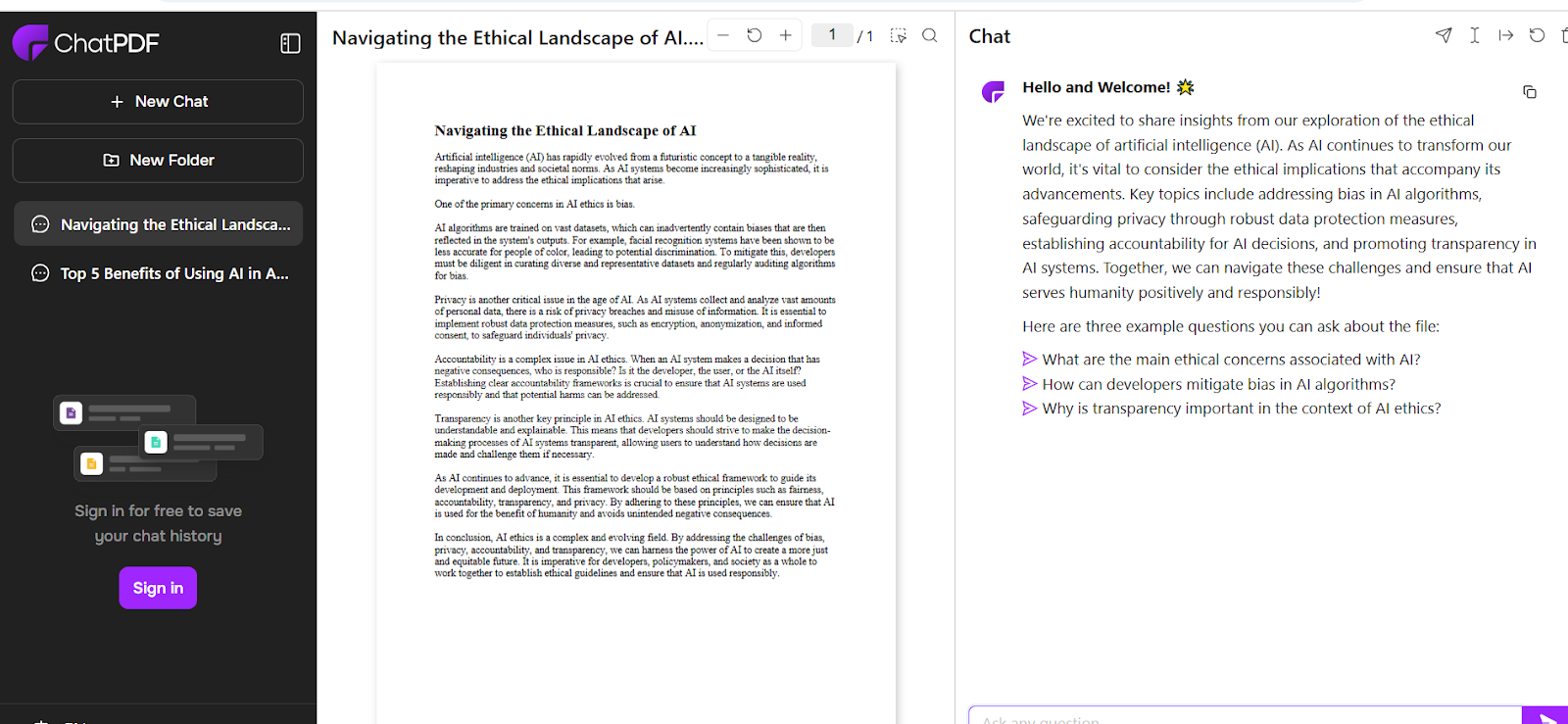 A screenshot of ChatPDF document analysis