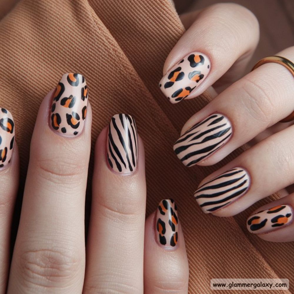 Neutral Leopard Print Nails having Playful Peachy Nude with Leopard and Stripes
