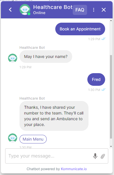 An appointment booking message on WhatsApp from a healthcare institution