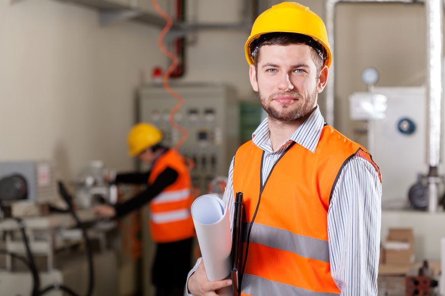 Confident engineer in safety vest holding blueprints inside manufacturing facility