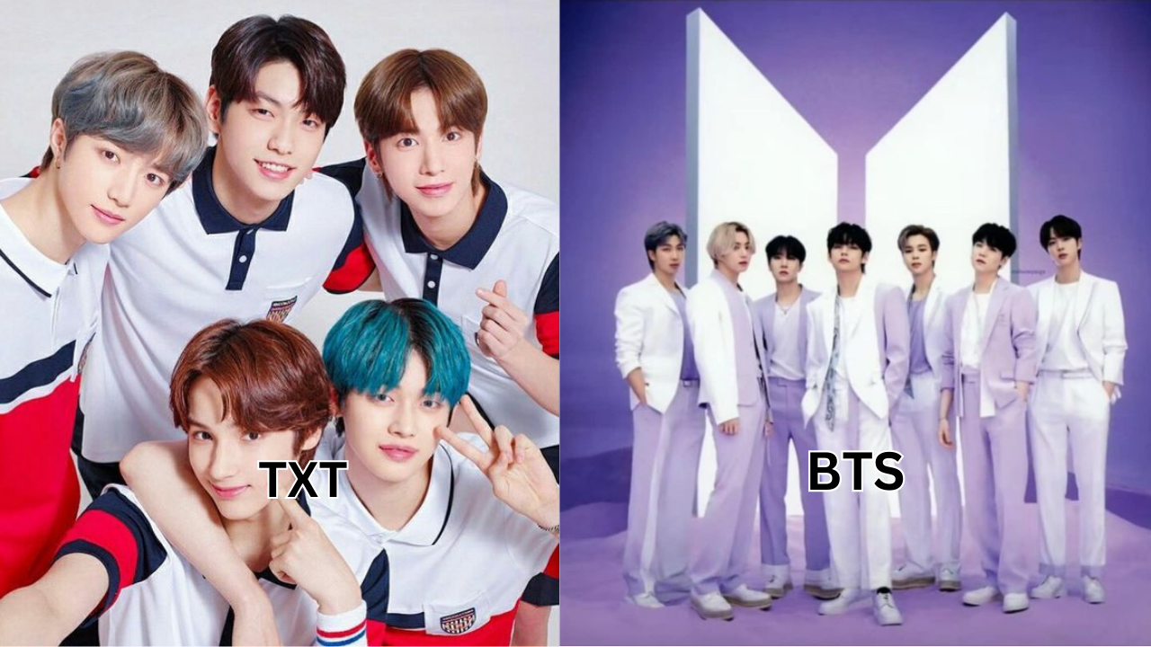 This contains an image of BTS and TXT