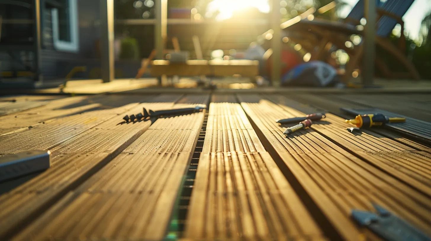 a focused close-up of a professional installer meticulously measuring and preparing a clean, flat surface on a modern deck, surrounded by tools like screwdrivers and a drill, in preparation for a durable outdoor bug screen installation.