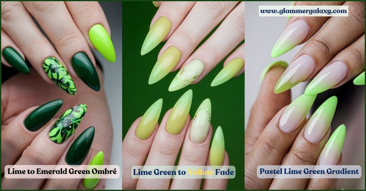 Three sets of nails showcasing lime green ombré and gradient designs with descriptive labels.