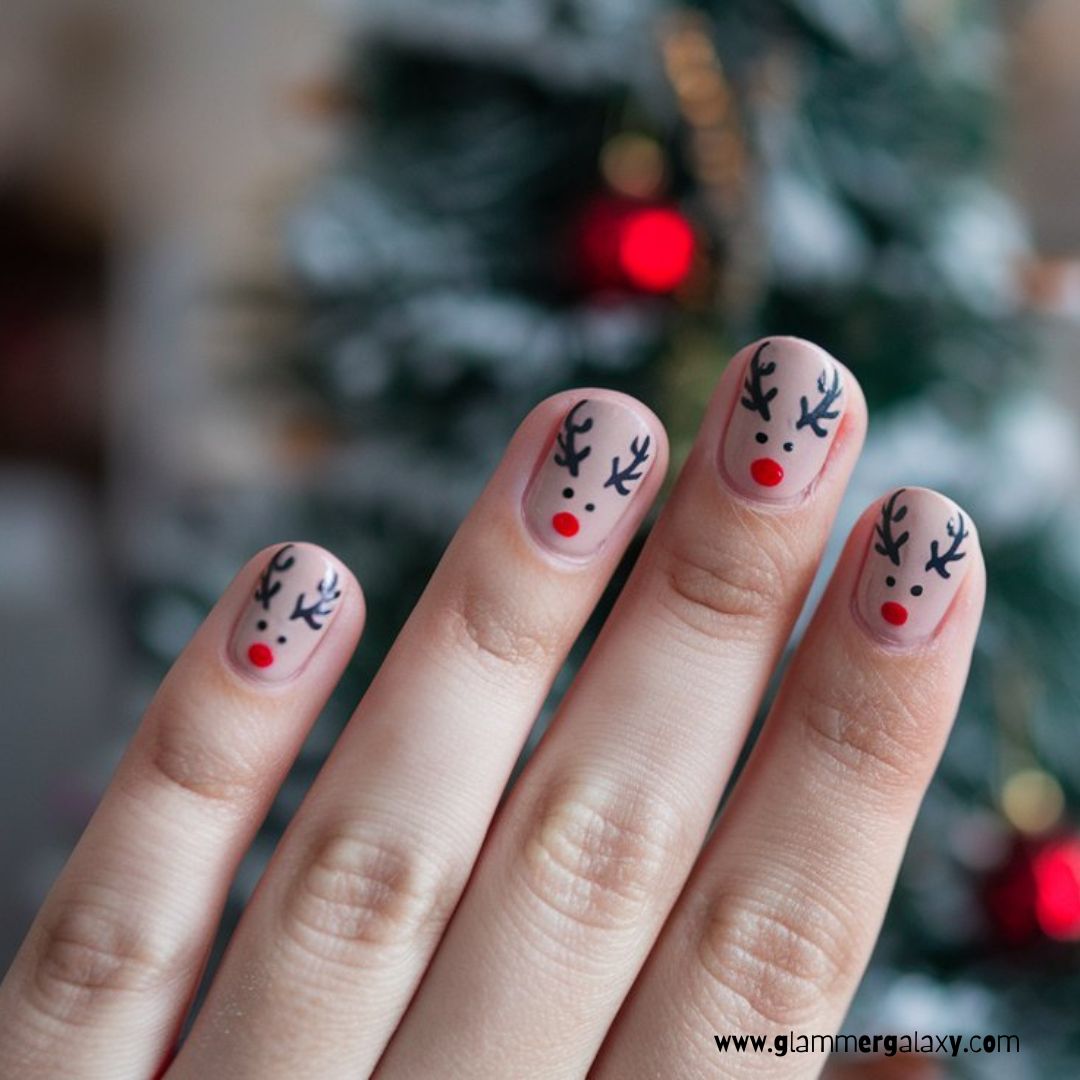 Christmas holiday Nails having Reindeer Accent Nails
