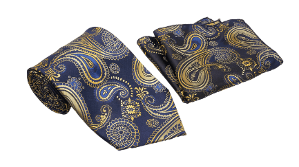 Conjunto de corbata y pañuelo de bolsillo con estampado paisley azul marino y dorado