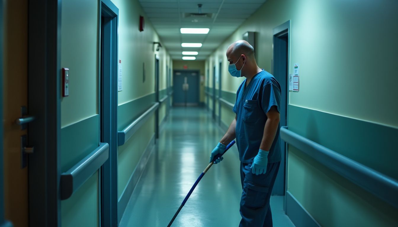 A hospital janitor cleans high-touch surfaces in a dimly-lit hallway.