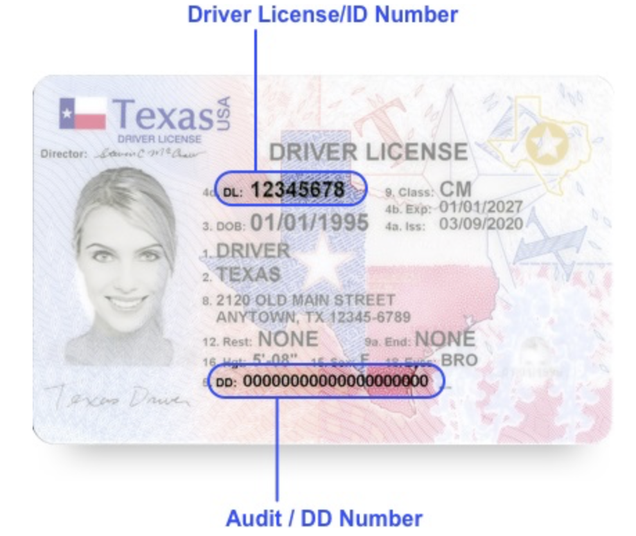 The Audit/DD number on your Texas driver's license is on the front of your license, at the bottom.