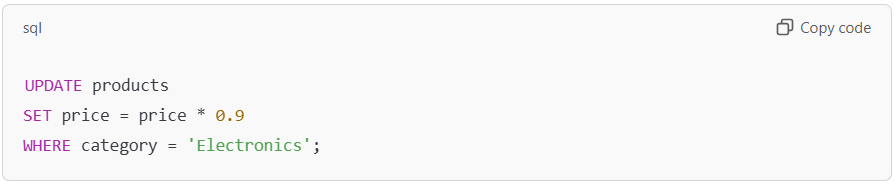 SQL query applying a discount to product prices.