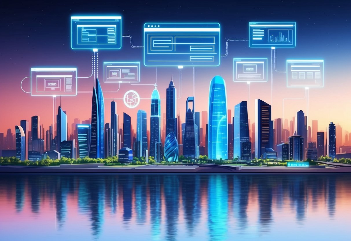A futuristic city skyline with holographic projections displaying various website designs and cost breakdowns for 2025