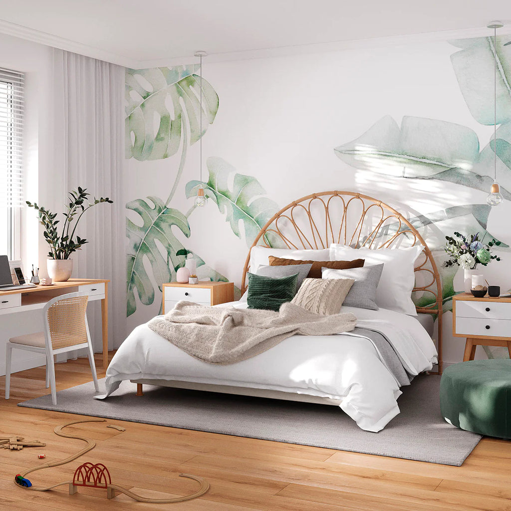 Garden Bloom Wallpaper in bedroom with white, grey, green and brown sheets