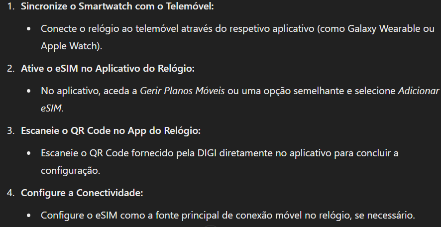 Passo a passo de ativação do eSIM da DIGI num smartwatch.