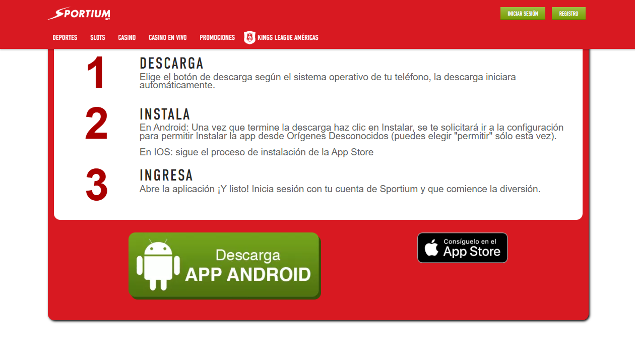 Pantalla con pasos de descargar Sportiumbet app