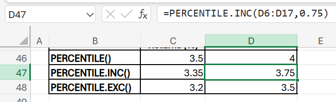 statistical functions in excel - percentile