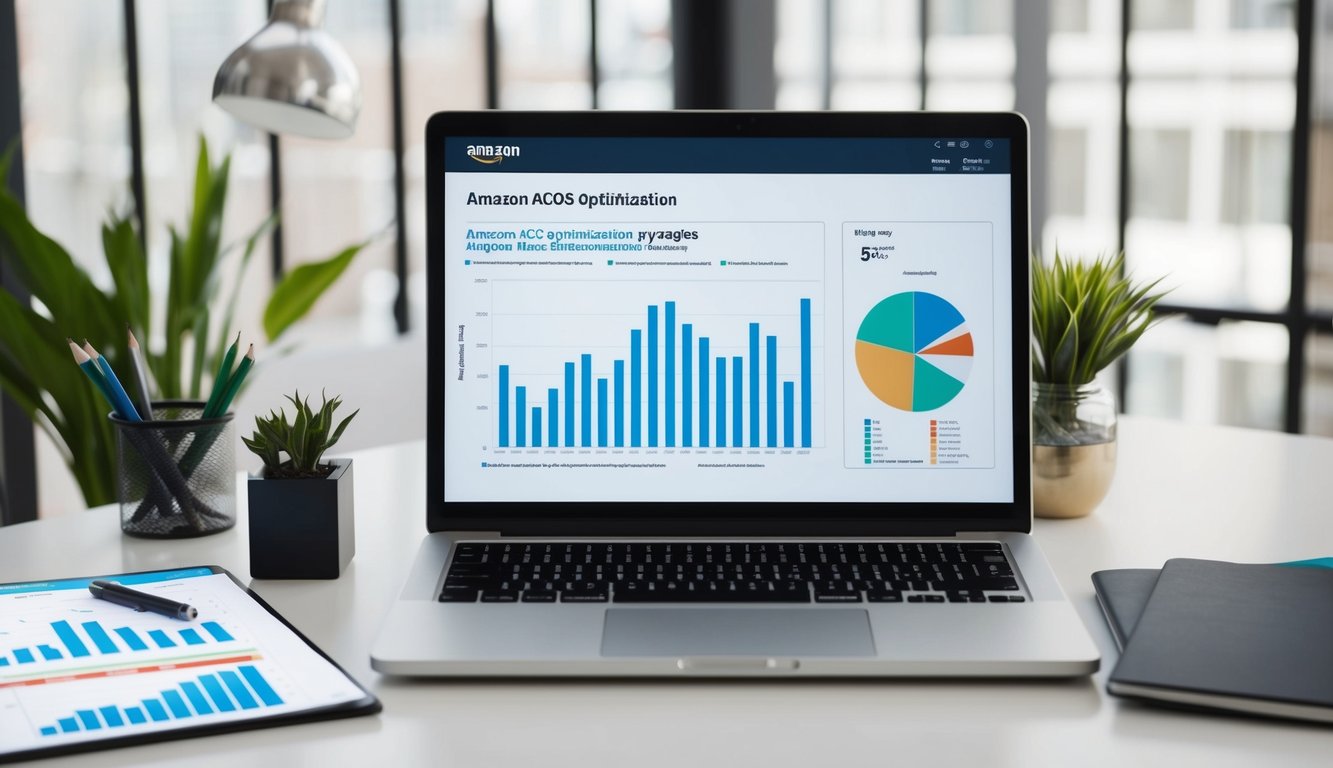 A laptop displaying Amazon ACoS optimization strategies with a chart and data analysis tools