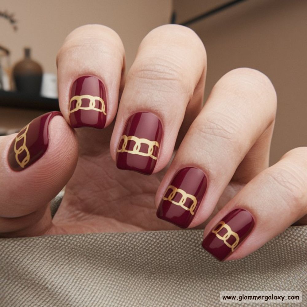 Burgundy fall Nails with Luxurious Gold Cuffs