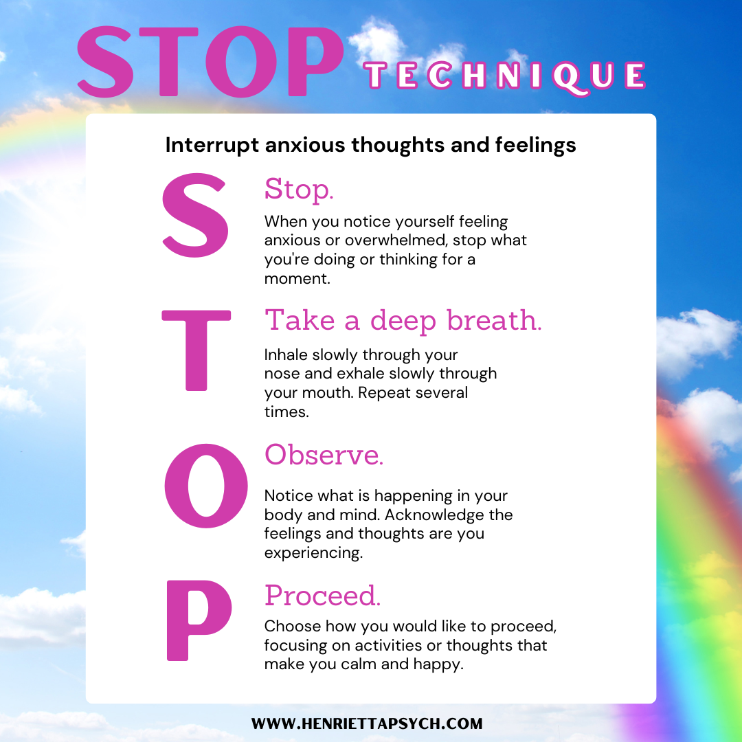 One effective mindfulness tool is the STOP Technique:
Stop: Pause whatever you’re doing.
Take a Breath: Inhale deeply to calm your nervous system.
Observe: Notice your thoughts, feelings, and physical sensations.
Proceed: Choose a response that aligns with your goals and values.
