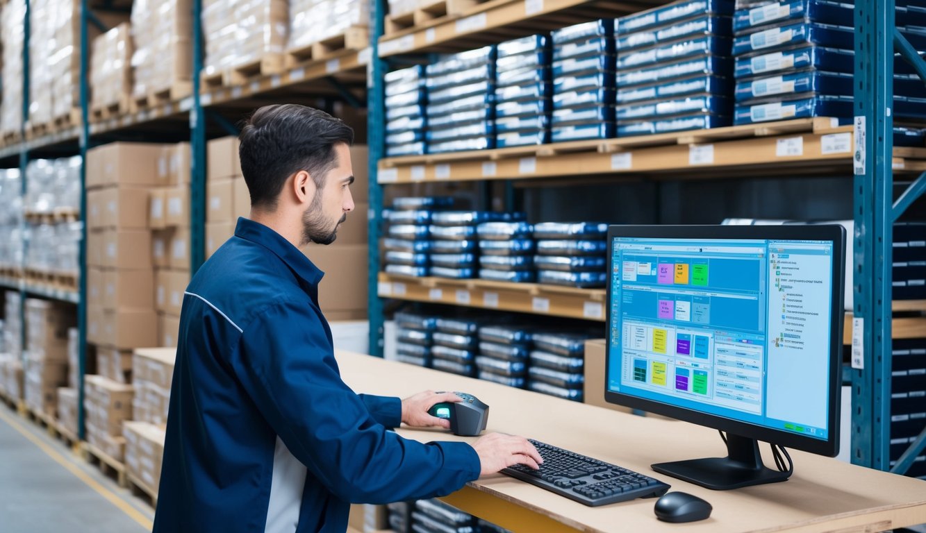 A warehouse worker scans and organizes shelves of neatly stacked products, while a computer screen displays inventory management software