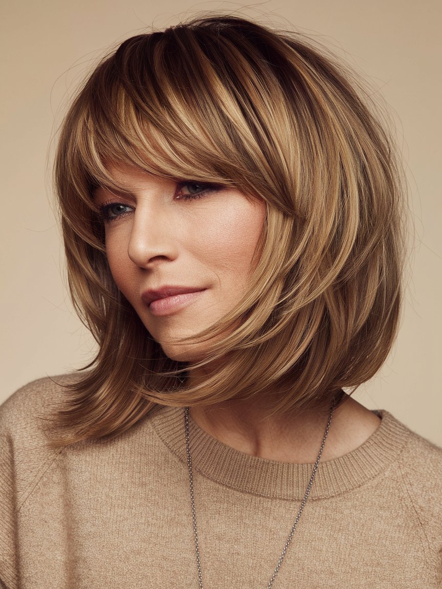 14. Chin Length Angled Bob with Full Bangs