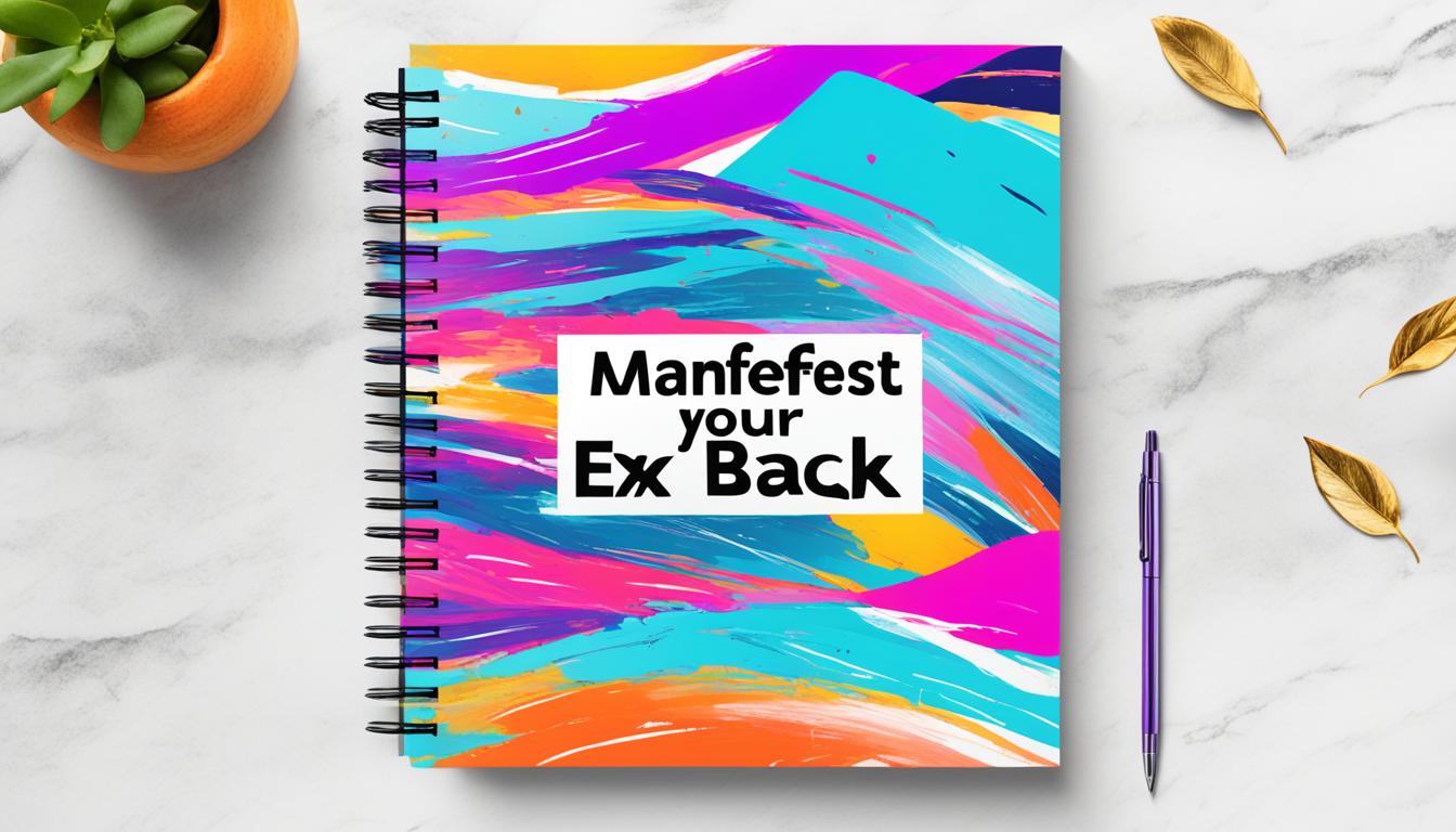 An image of a journal with the words "Manifest Your Ex Back" written in bold, vibrant colors on the cover. The journal should be open to a blank page, with a pen resting on top ready to write down step-by-step instructions for manifesting your ex back into your life. In the background, there should be soft, warm lighting and perhaps a few candles to set the mood for focused manifestation.