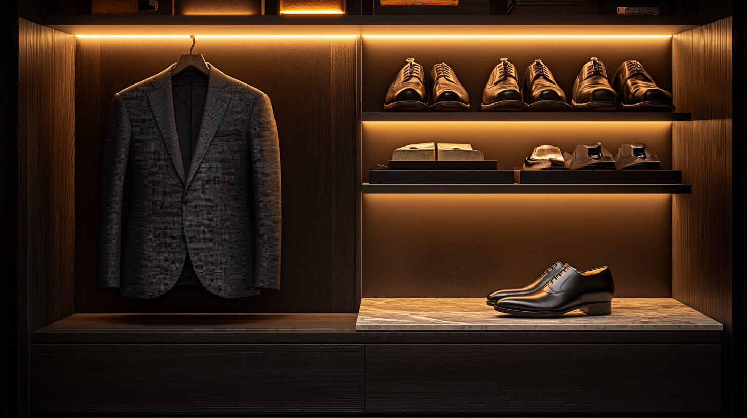 A well-lit modern wardrobe with a dark gray suit hanging neatly on the left side. On the right, a polished pair of black dress shoes sits on a sleek marble shelf, reflecting soft ambient lighting. The scene is elegant, minimalist, and refined.