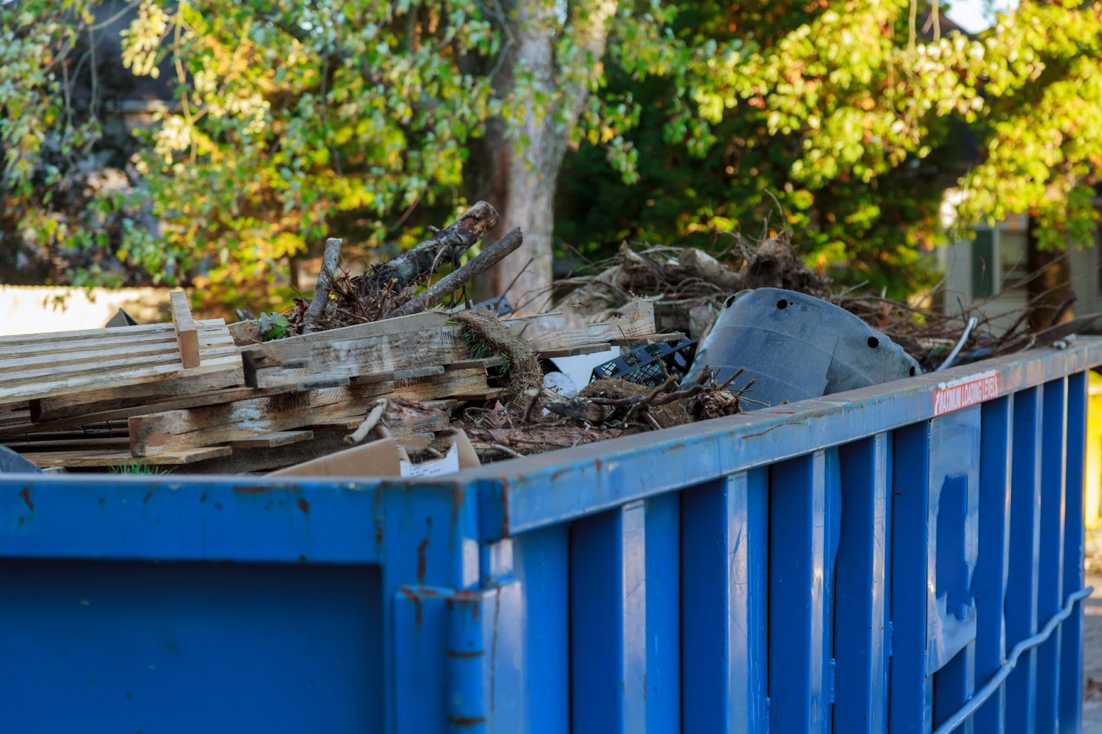 Commercial dumpster with debris and recycling inside. 