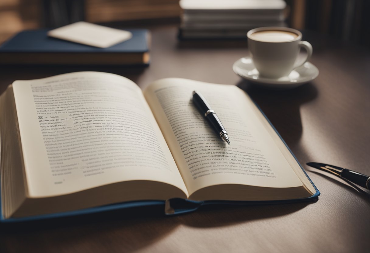 A book open on a table, with a pen and notebook next to it. A computer displaying educational resources. A person offering guidance and support