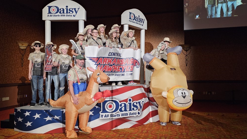 Daisy Nationals opens with a parade and theme showcase. Here, the Arkansas Hawkeyes are in their Australian explorer theme. 