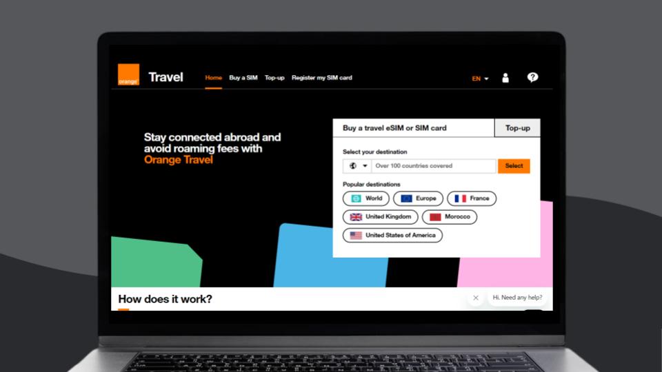 The website homepage dedicated to mobile data plans for travelers of international mobile carrier Orange