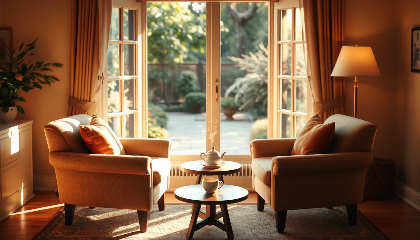 A warm, cozy living room with soft lighting, two comfortable armchairs facing each other, a small table with a steaming cup of tea, and a view of a peaceful garden through an open window, evoking a sense of connection and intimacy.