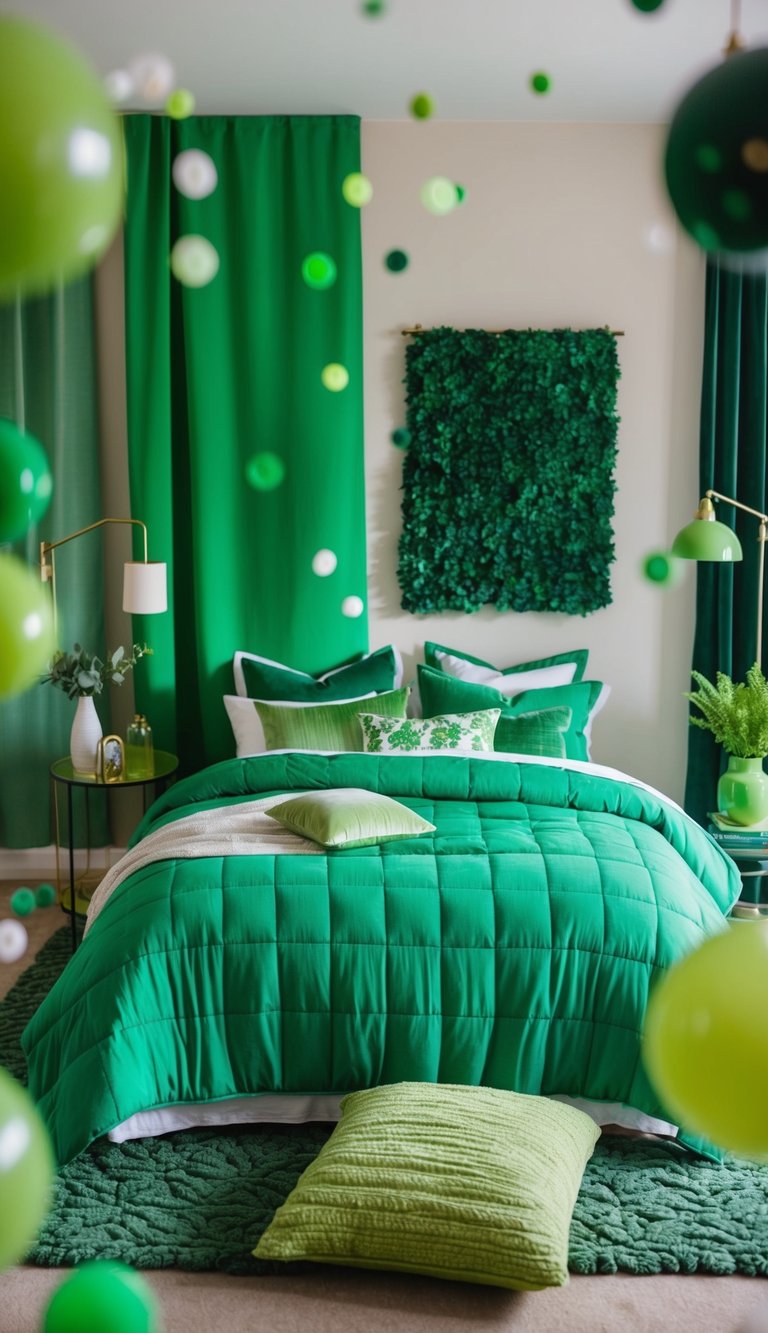 A cozy bedroom with a kelly green bedspread, surrounded by various shades of green decor and accents