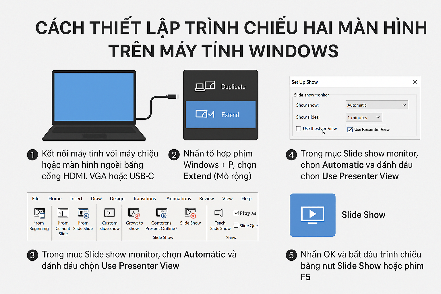 Cách thiết lập trình chiếu hai màn hình trên máy tính Windows