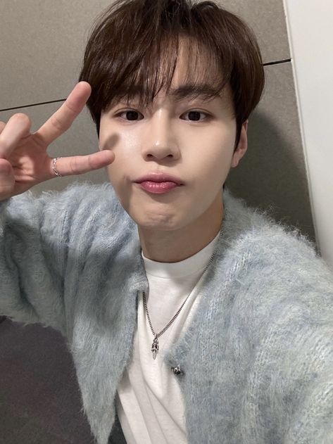 This  contain Ha Sungwoon making the peace sign with his hand while wearing a sweater and white t - shirt